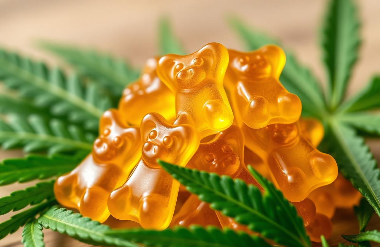Golden CBD gummies with hemp leaves